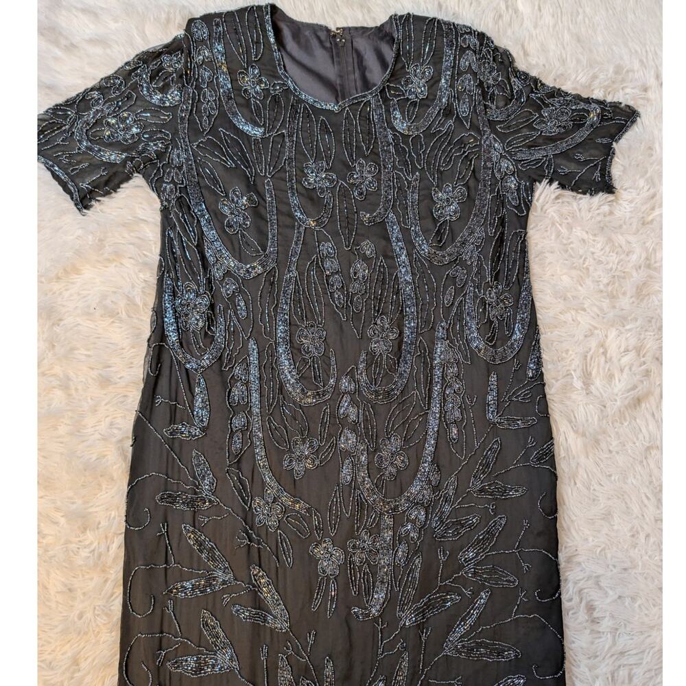 Vintage 80s Black Silk Beaded Evening Gown Art Deco Sheer Overlay Maxi Dress - Picture 14 of 16